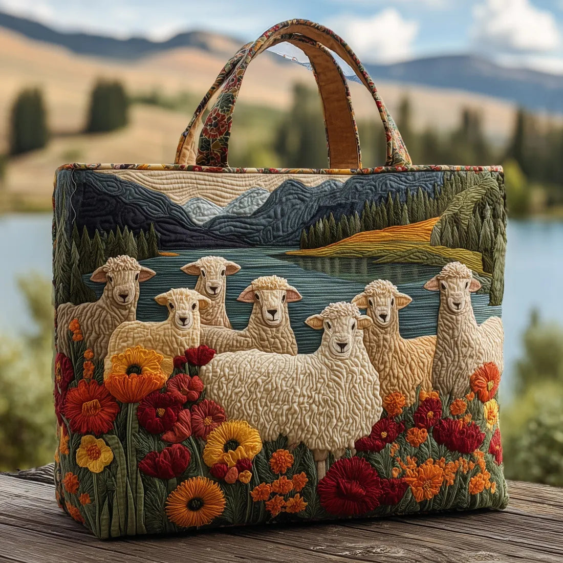 Handgefertigte Tasche – Schafe am See