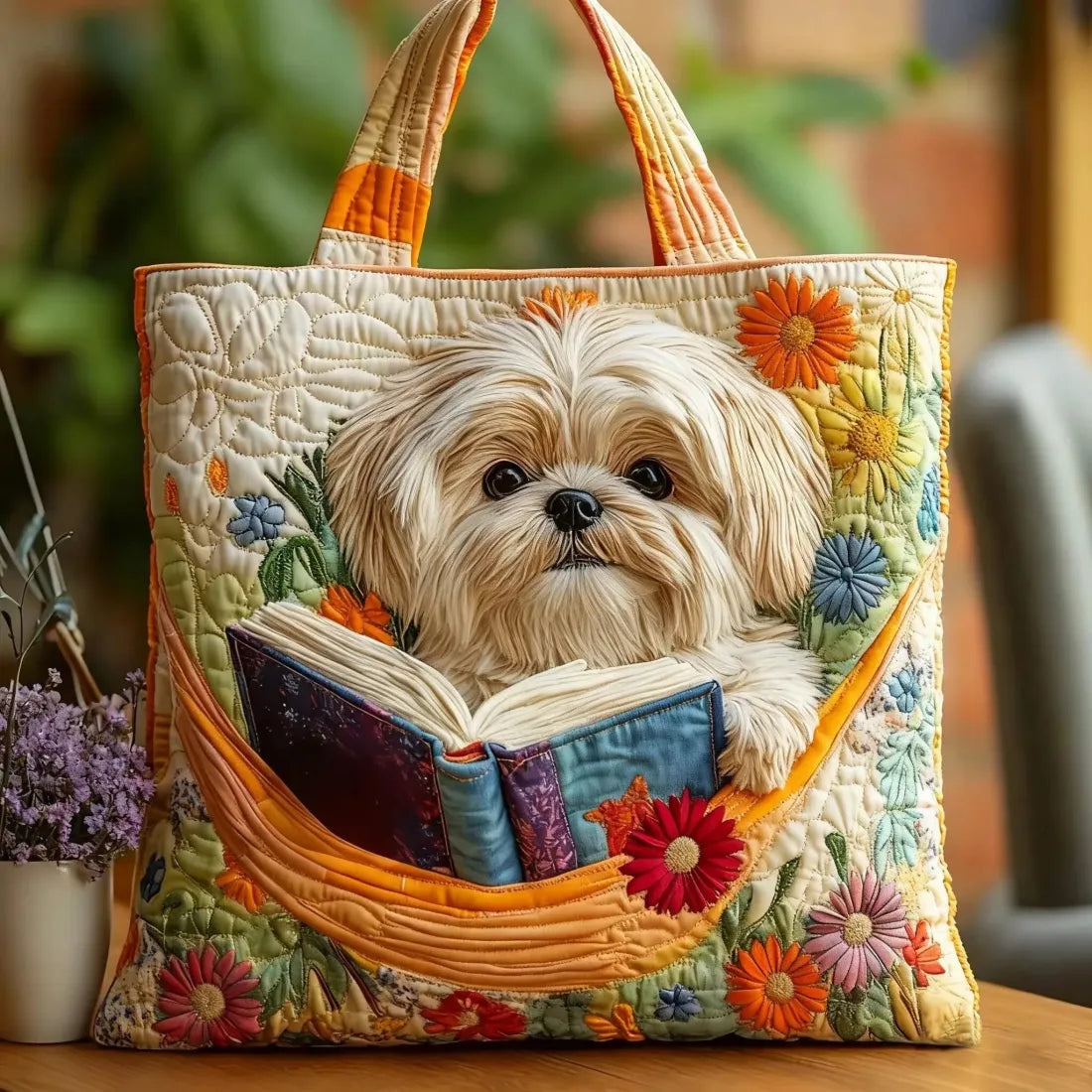 Handgefertigte Tasche – Shih Tzu mit Büchern und Blumen