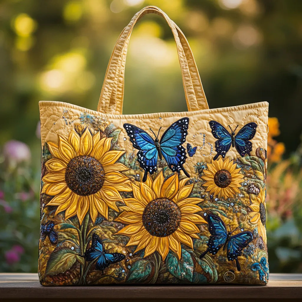Handgefertigte Tasche – Sonnenblumen und blaue Schmetterlinge