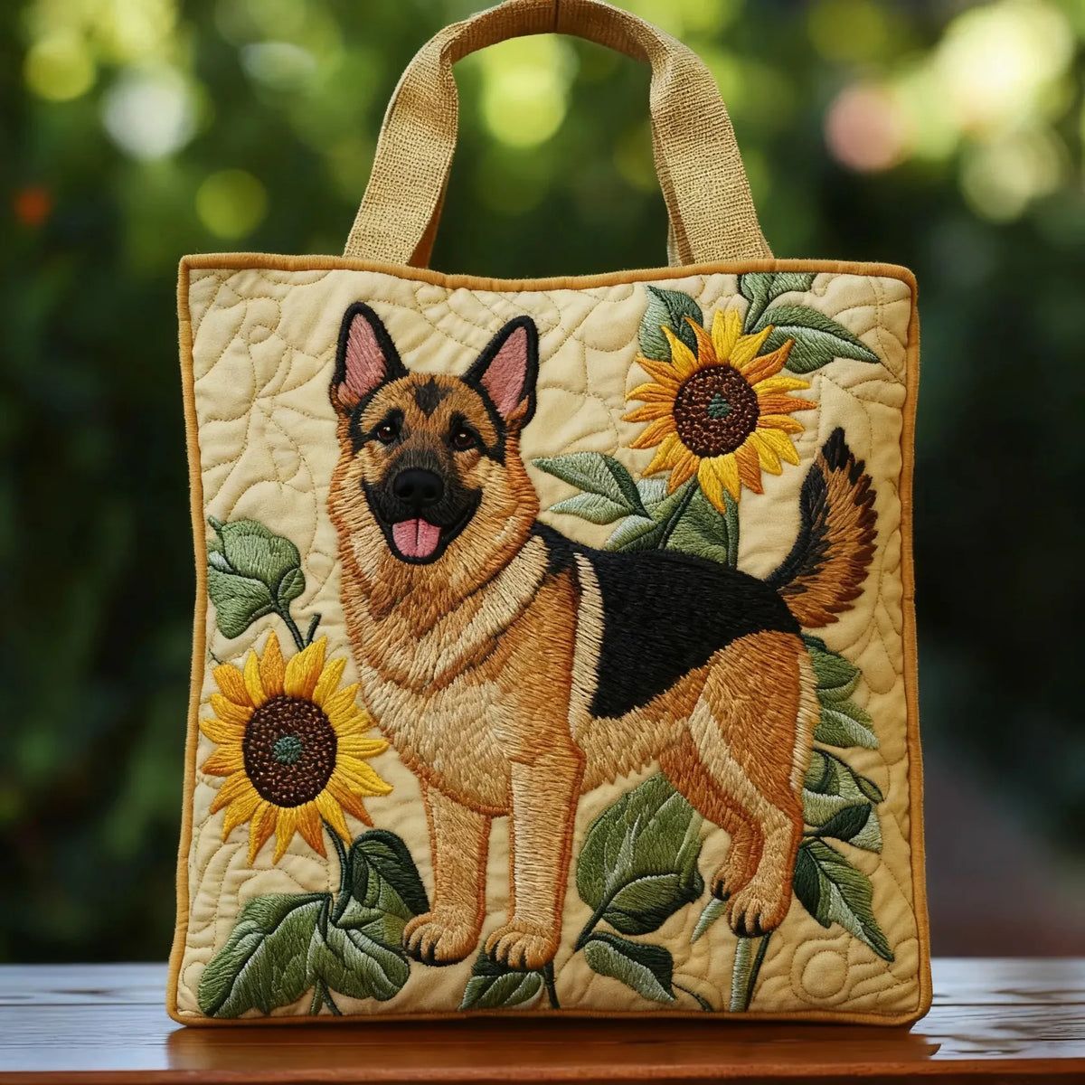 Handgefertigte Tasche – Deutscher Schäferhund mit Blumenmotiv