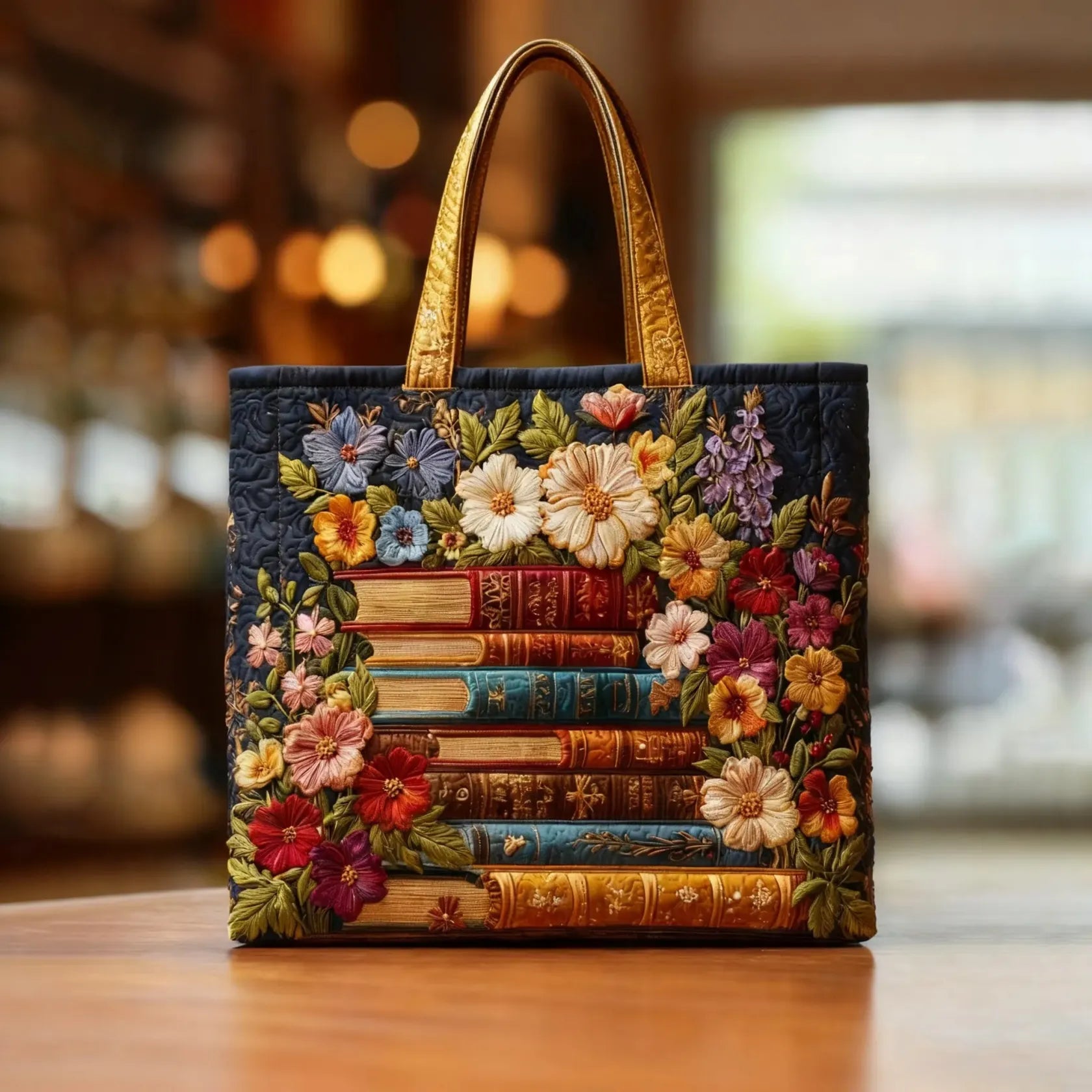 Handgefertigte Tasche – Blumen- und Bücherprint
