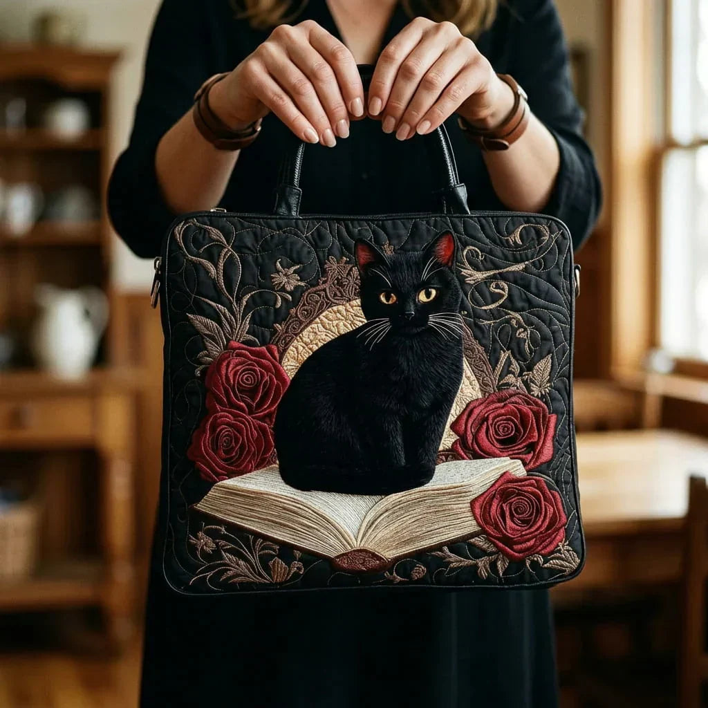 Handgefertigte gesteppte Tasche – Schwarze Katze auf Büchern