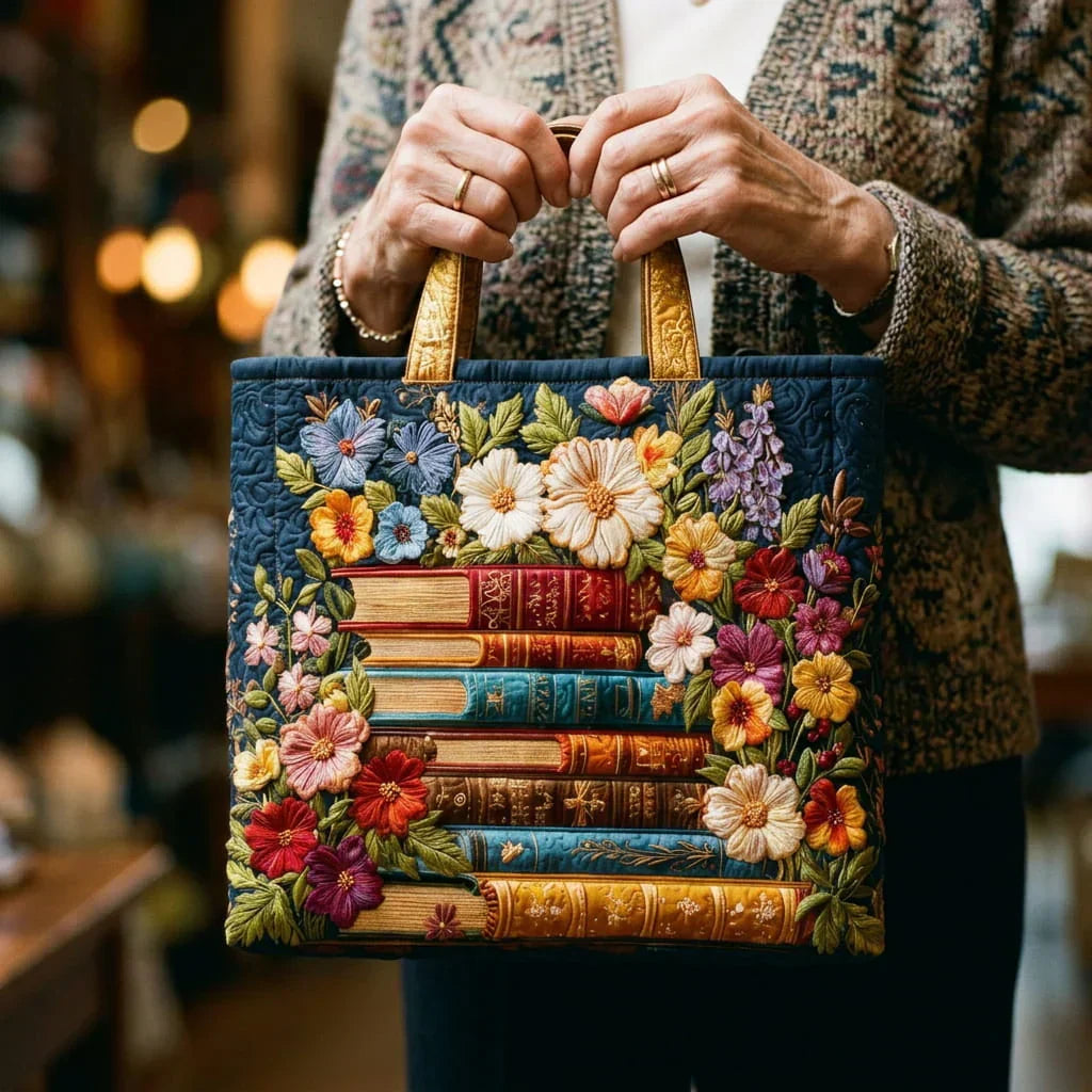 Handgefertigte Tasche – Blumen- und Bücherprint