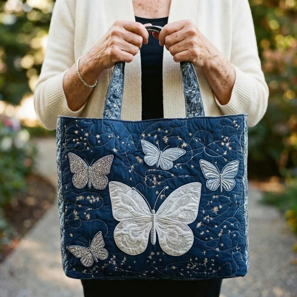 Handgefertigte Tasche – Silberner Schmetterling