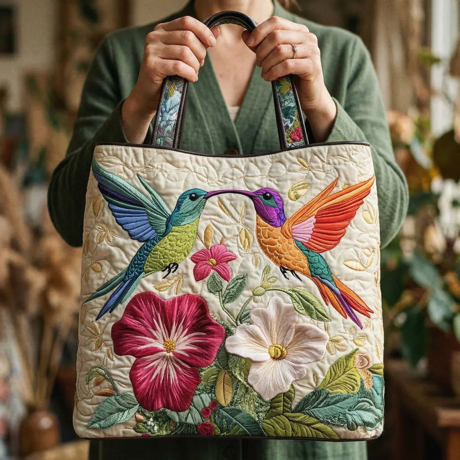 Gepolsterte Tasche – Kolibri und weiße Blumen
