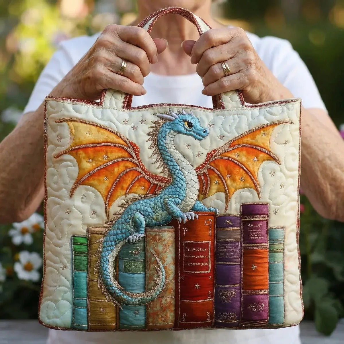 Gepolsterte Tasche – Smaragdgrüner Drache, Hüter der Bücher