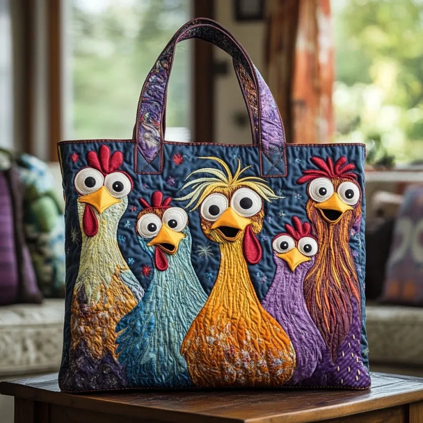 Handgefertigte Tasche – fünf farbenfrohe Hühner