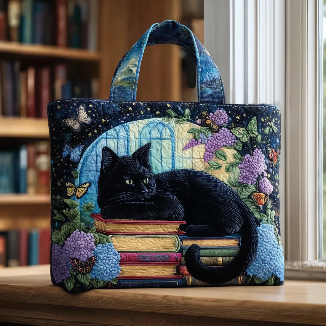 Handgefertigte Tasche – Schwarze Katze auf Büchern