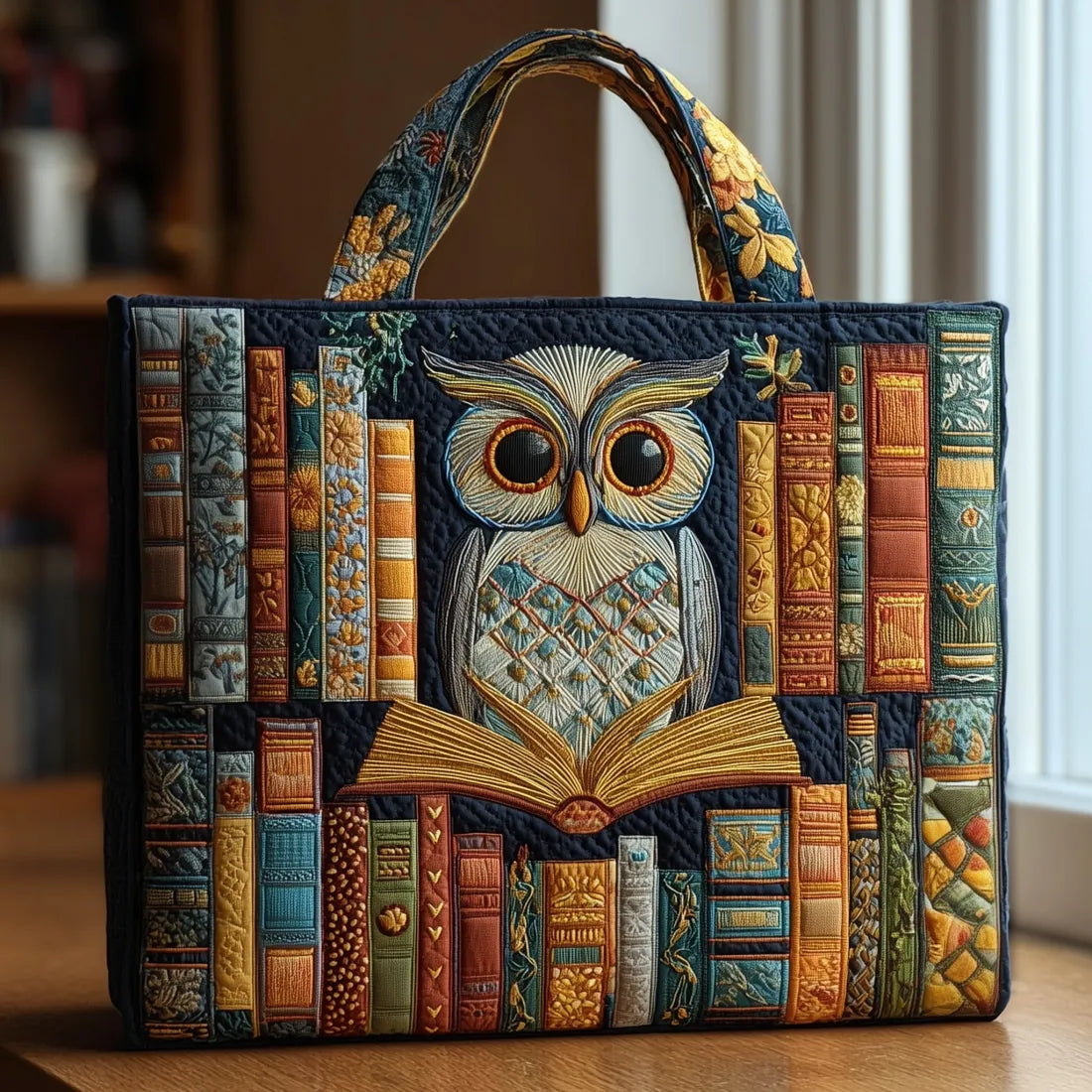 Handgefertigte Tasche – Eule und alte Bücher