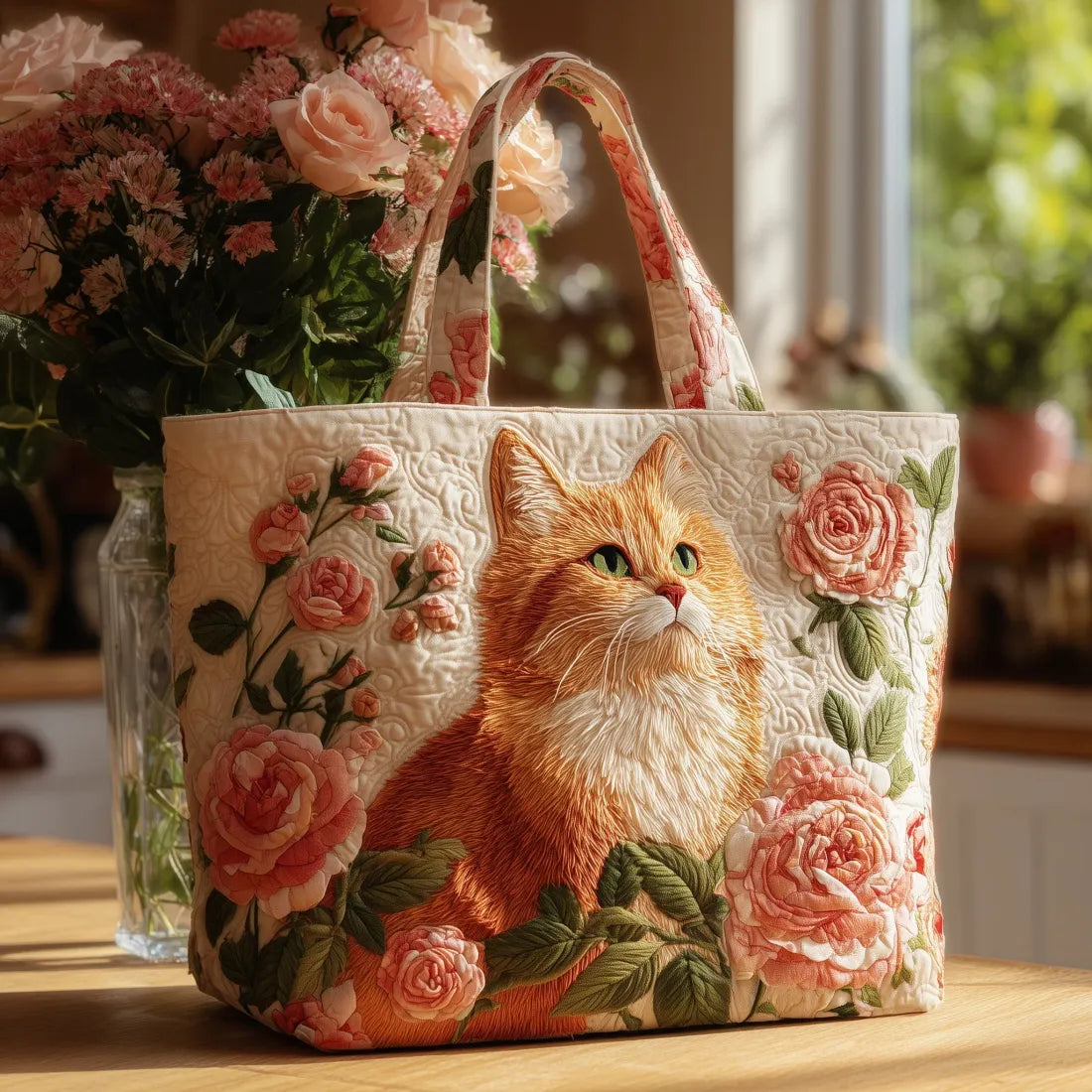 Handgefertigte Tasche – Rote Katze mit Rosen