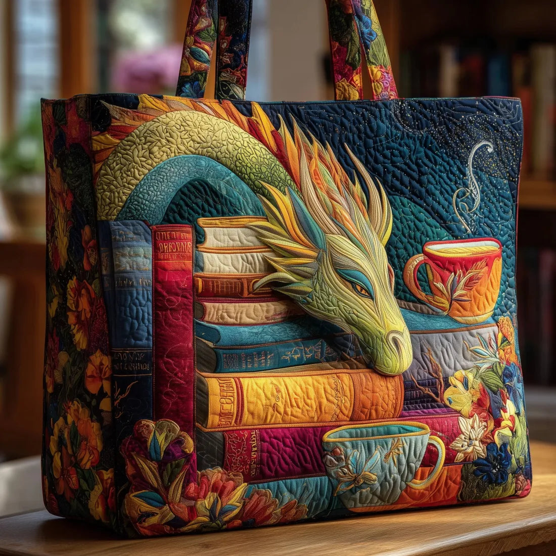 Handgefertigte Tasche – Drache beim Lesen von Büchern und Tassen