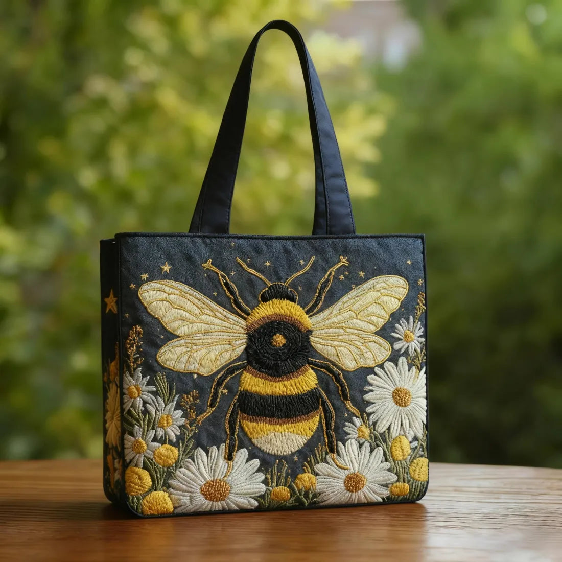 Handgefertigte Tasche – Biene mit Gänseblümchen und Sternen
