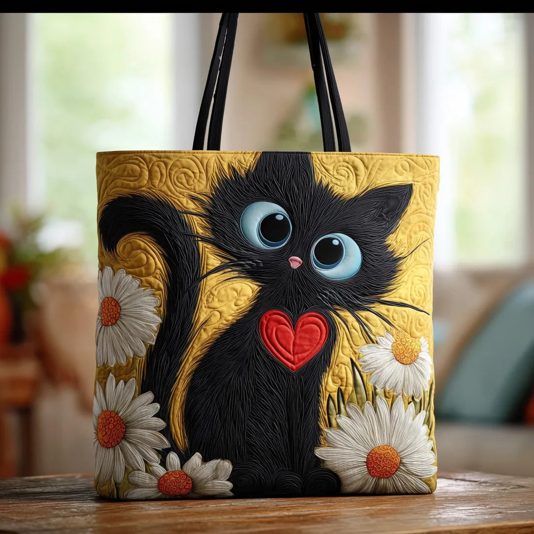 Handgefertigte Tasche – Schwarze Katze mit Gänseblümchen