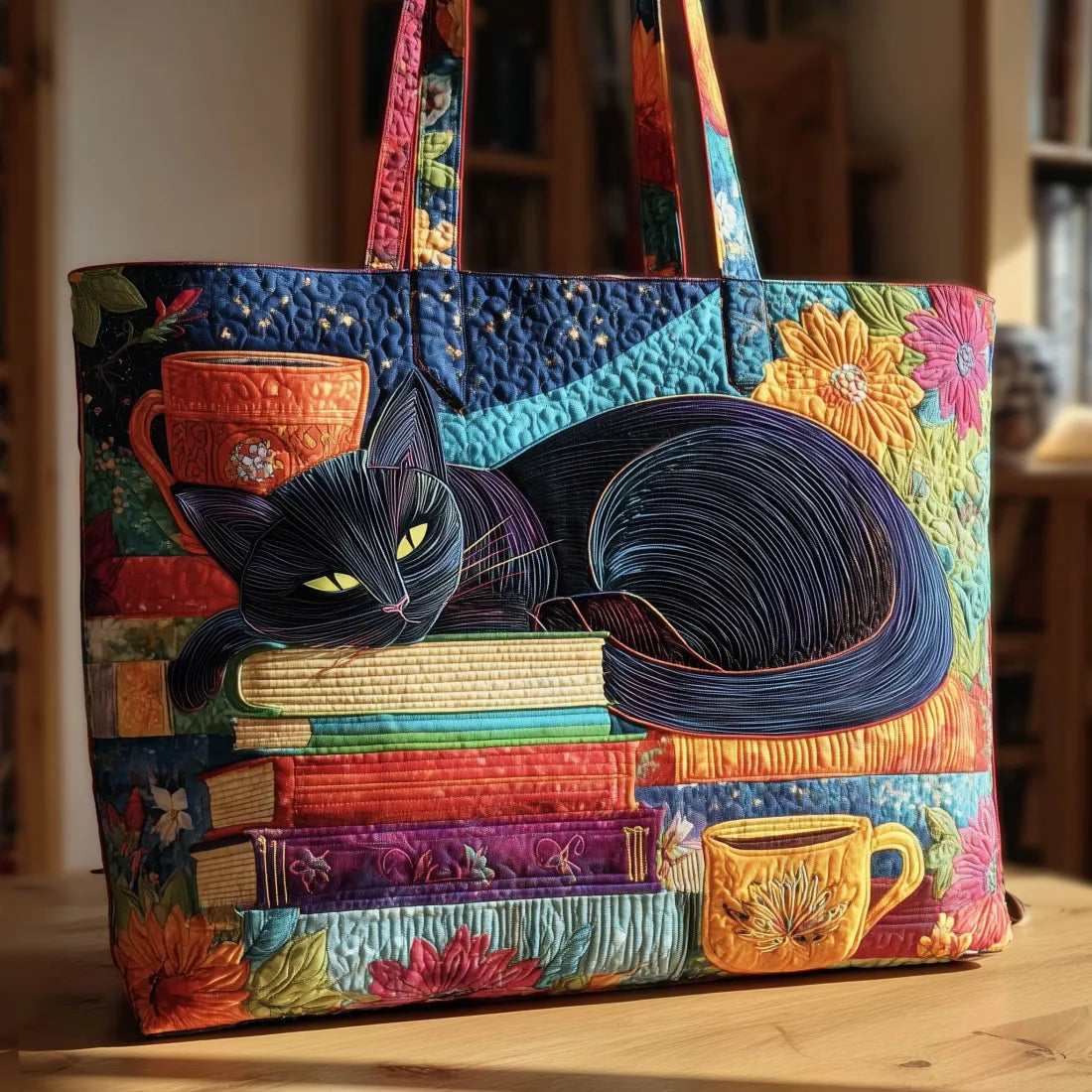 Handgefertigte Tasche – Schwarze Katze mit Büchern und Tassen
