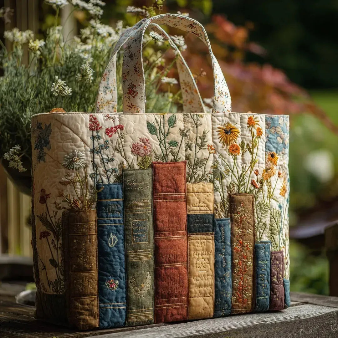 Handgefertigte gesteppte Tasche – Bücher und Blumen