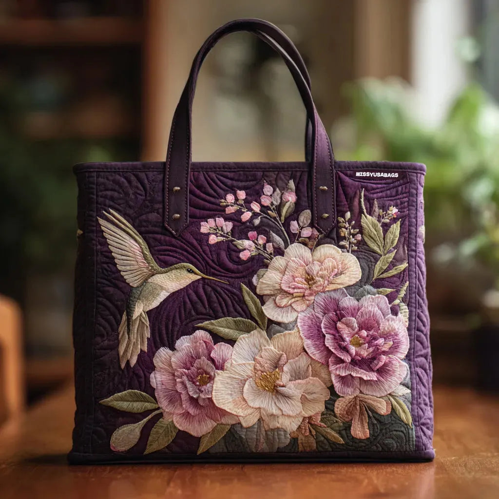 Handgefertigte gesteppte Tasche – Kolibris und Orchideen