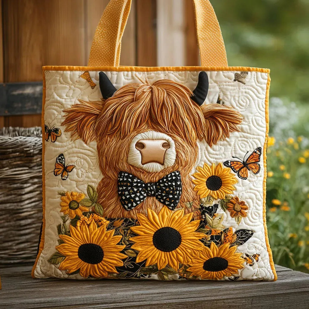 Gesteppte Tasche – Highland-Kuh mit Sonnenblumen