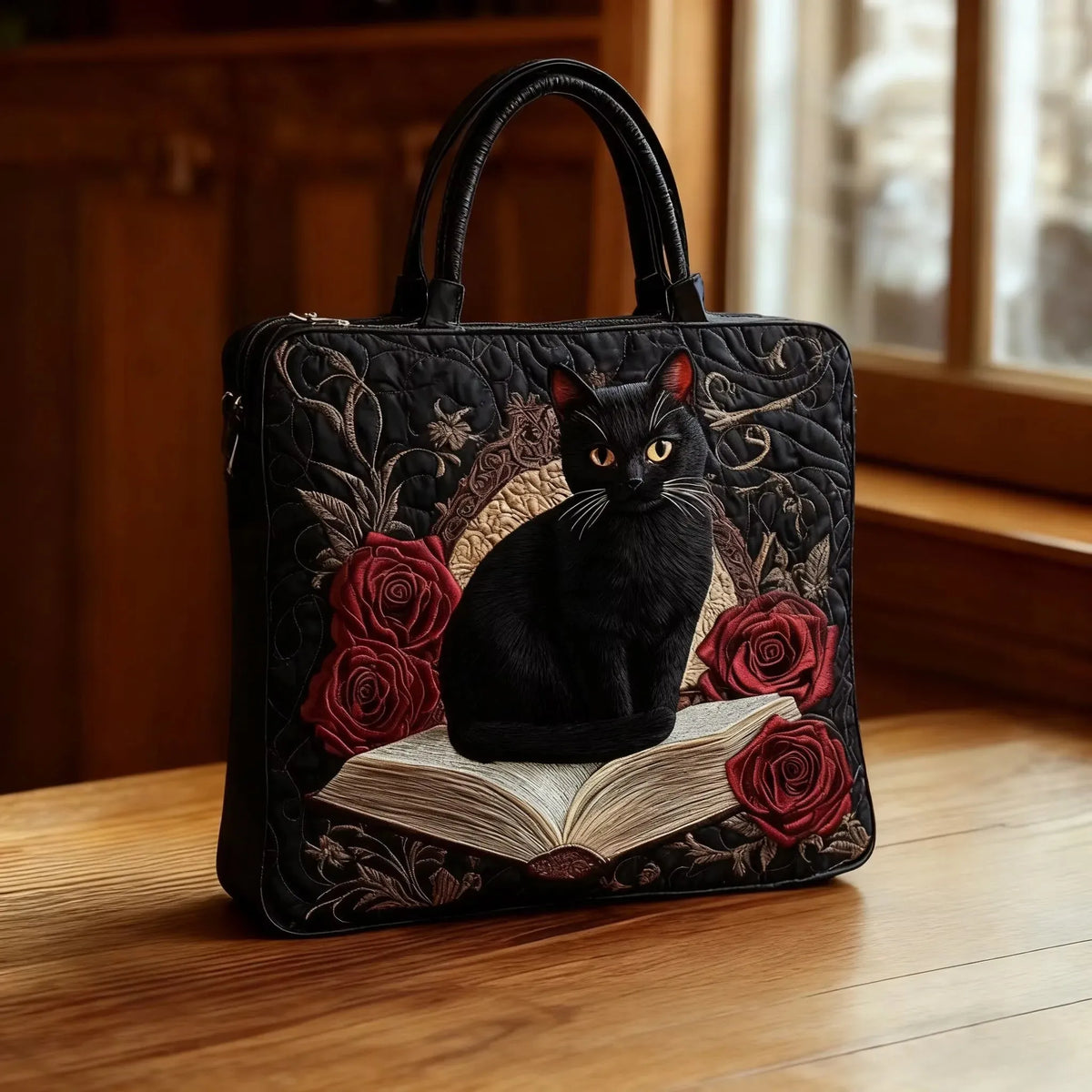 Handgefertigte gesteppte Tasche – Schwarze Katze auf Büchern