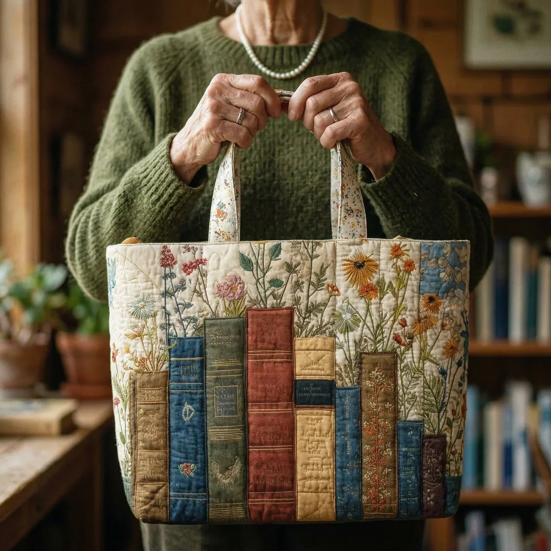 Handgefertigte gesteppte Tasche – Bücher und Blumen