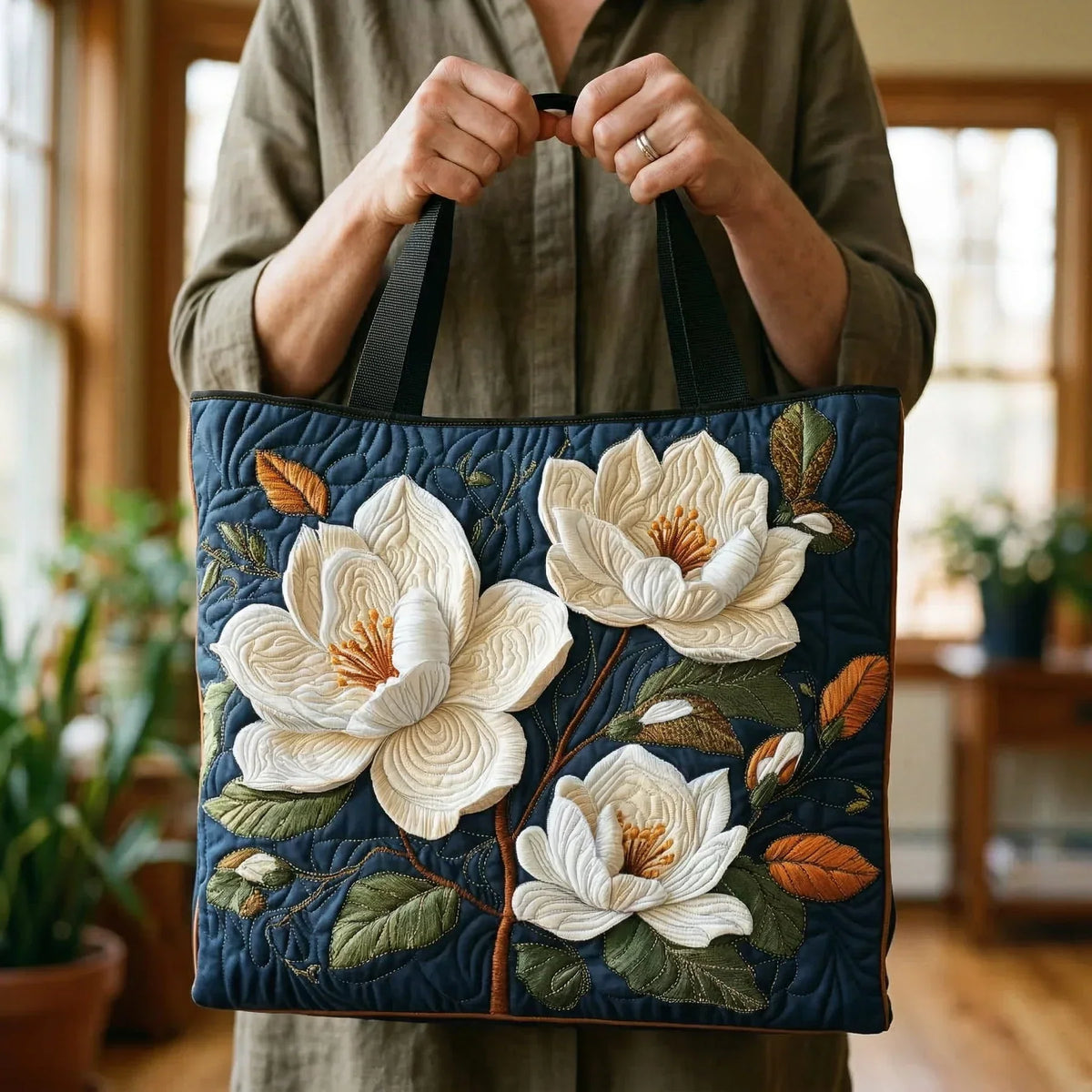 Handgefertigte gesteppte Tasche – Zarte Magnolie