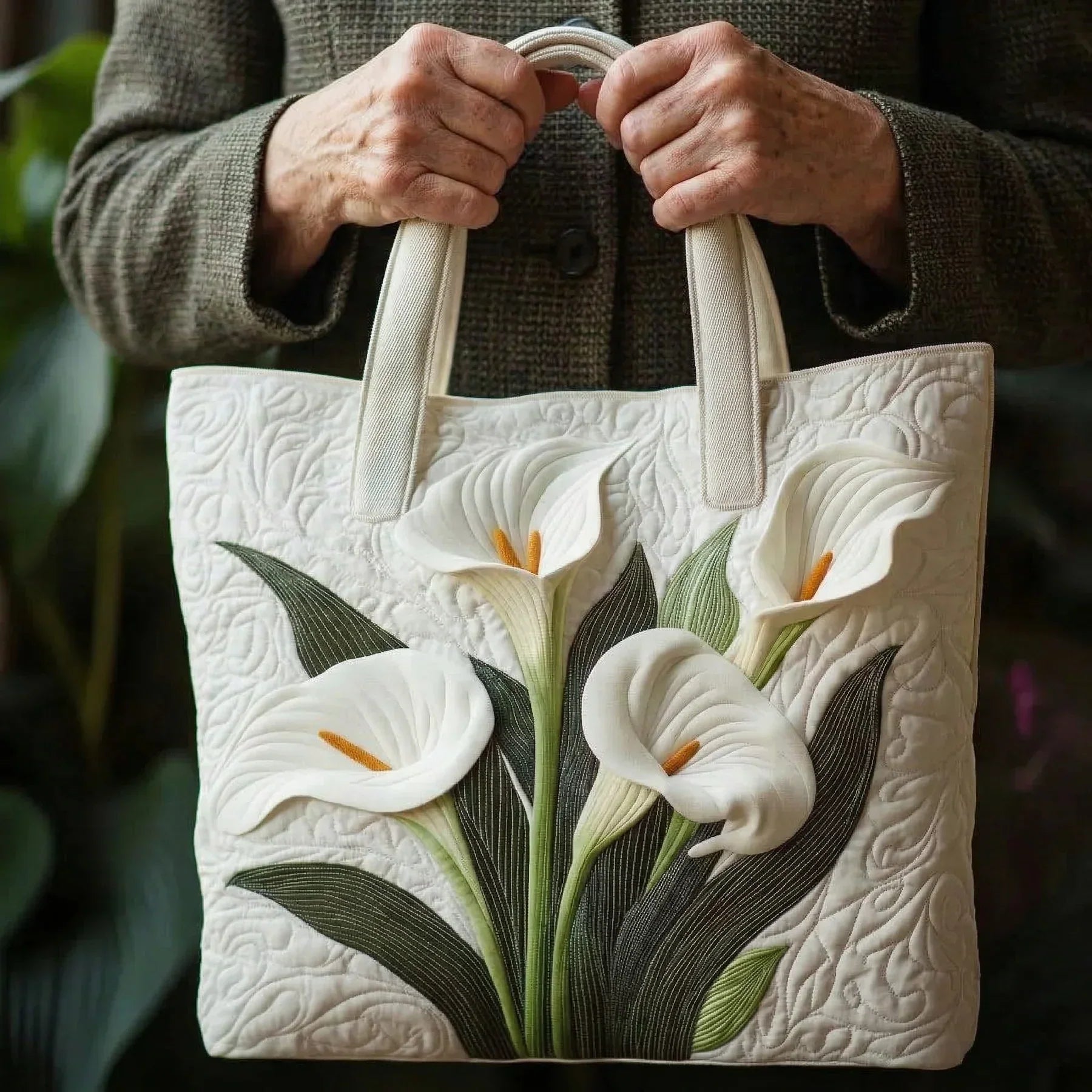 Handgefertigte gesteppte Handtasche – Weiße Lilien