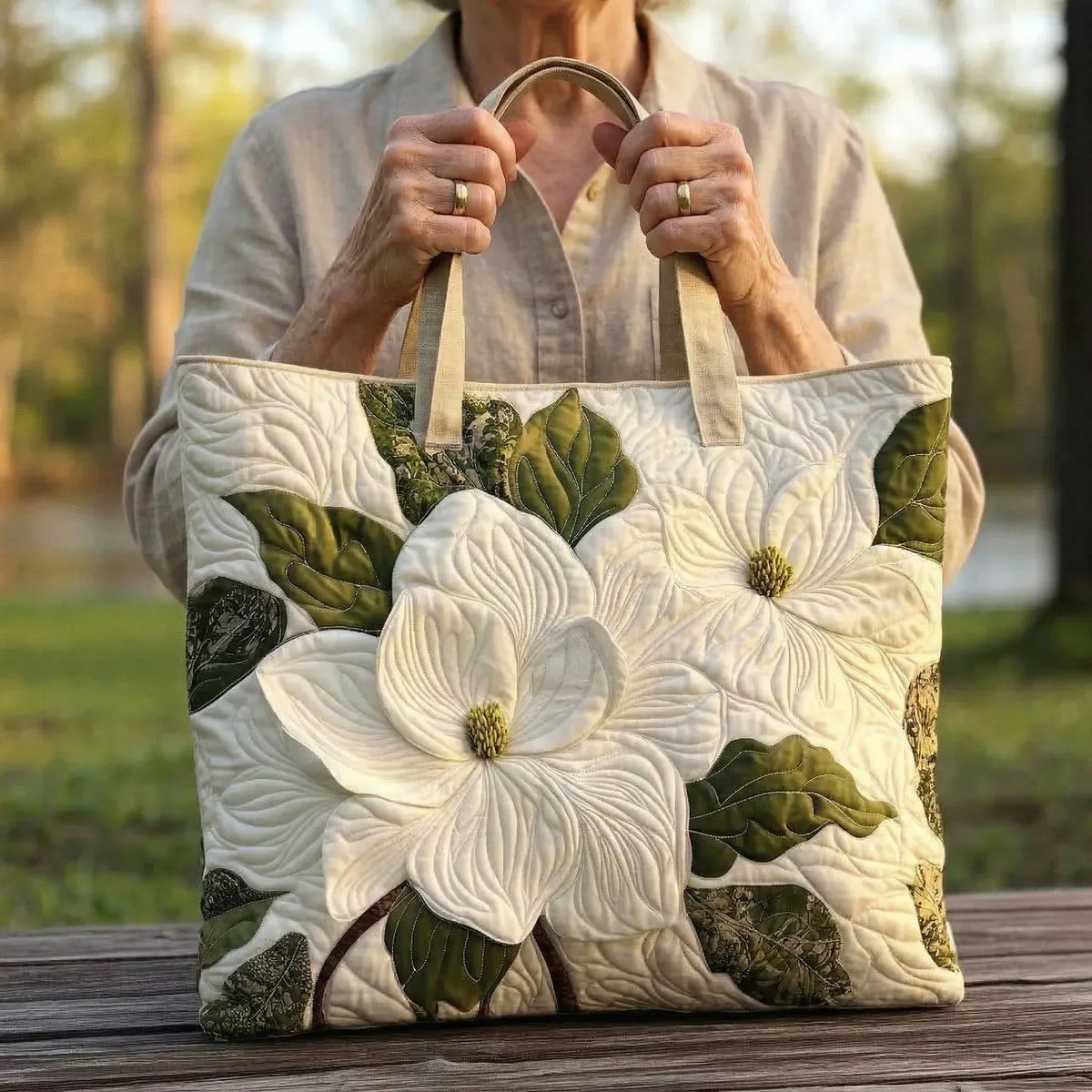 Handgefertigte gesteppte Tasche – elegante weiße Lilien