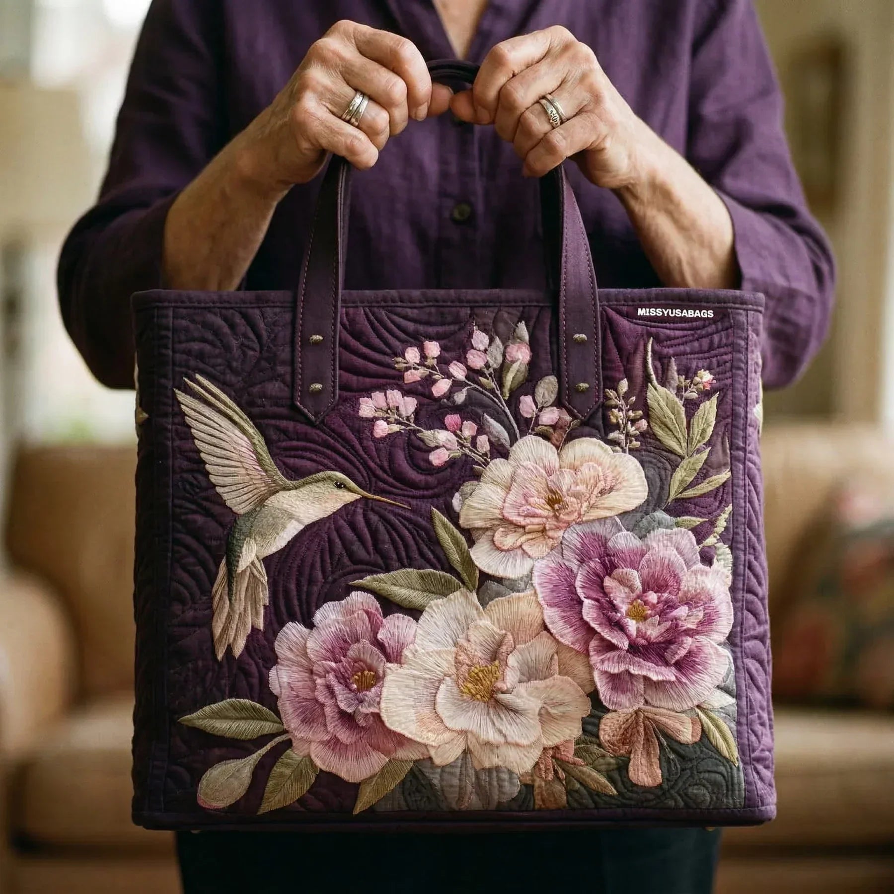 Handgefertigte gesteppte Tasche – Kolibris und Orchideen
