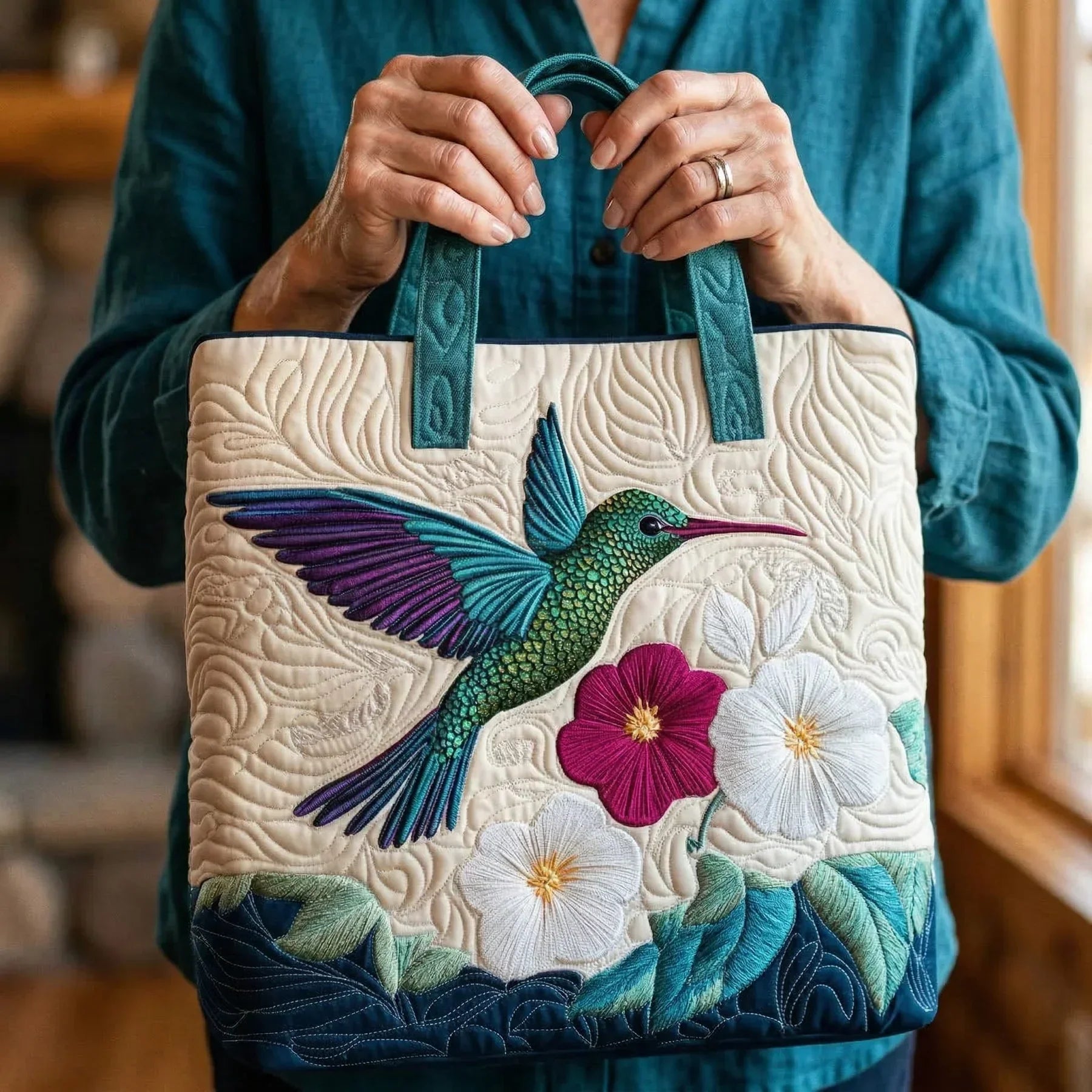Gepolsterte Tasche – Kolibri und weiße Blume