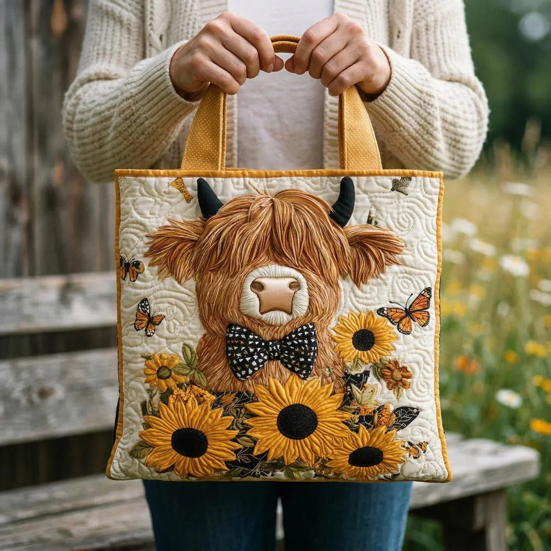 Gesteppte Tasche – Highland-Kuh mit Sonnenblumen