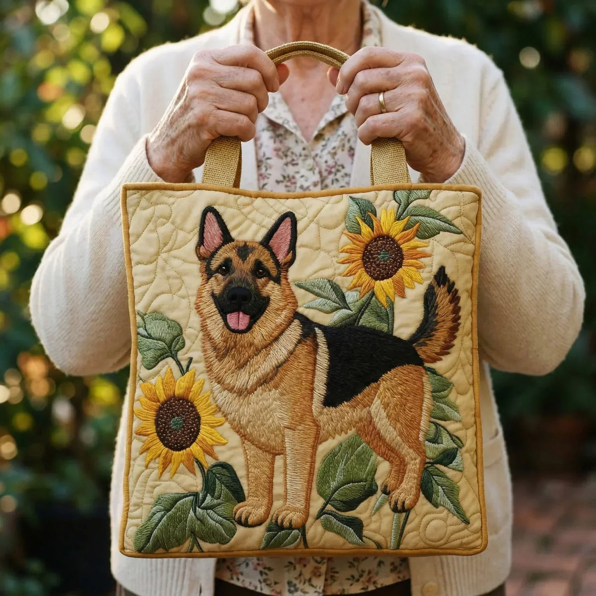 Handgefertigte Tasche – Deutscher Schäferhund mit Blumenmotiv