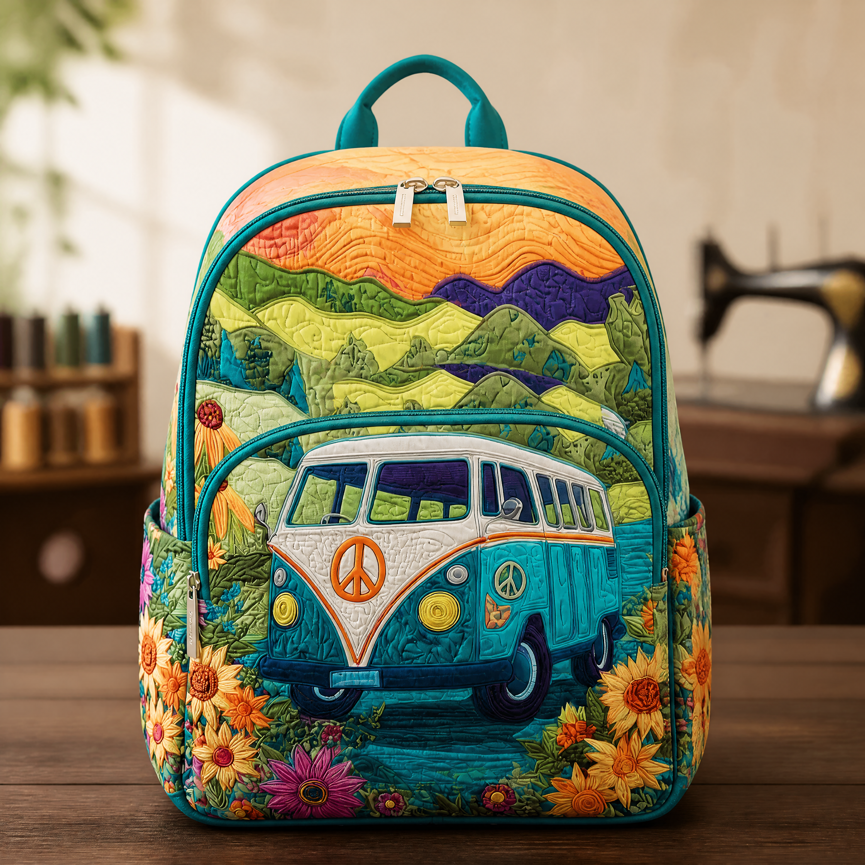 Gesteppter Rucksack – Sonnenblumen und Berge